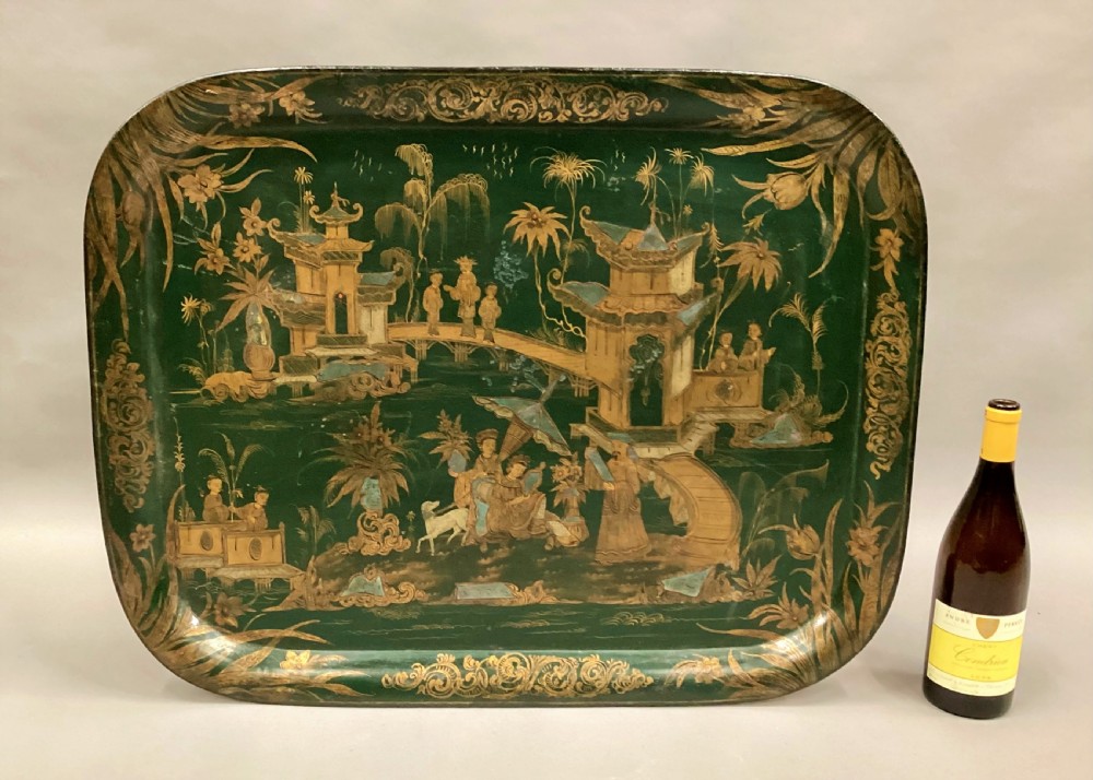 Large Regency Chinoiserie tole tray in rare and desirable green lacquer View II