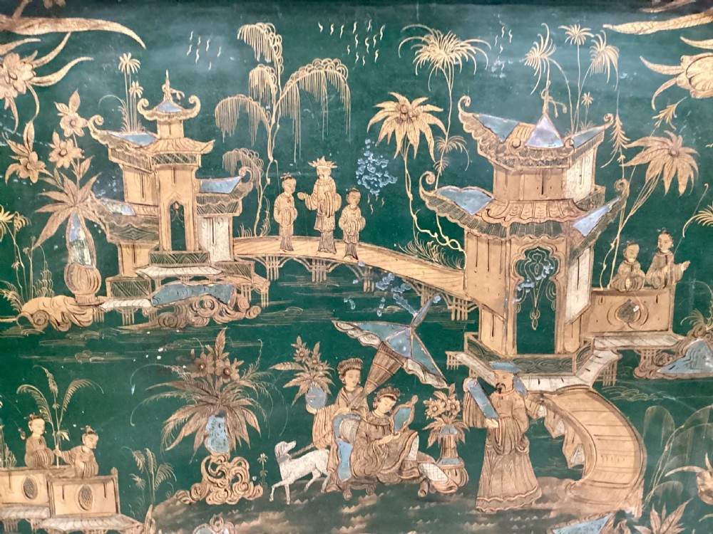 Large Regency Chinoiserie tole tray in rare and desirable green lacquer View III