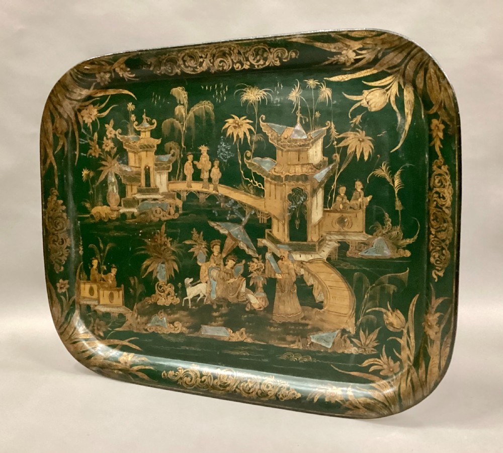 Large Regency Chinoiserie tole tray in rare and desirable green lacquer View IV