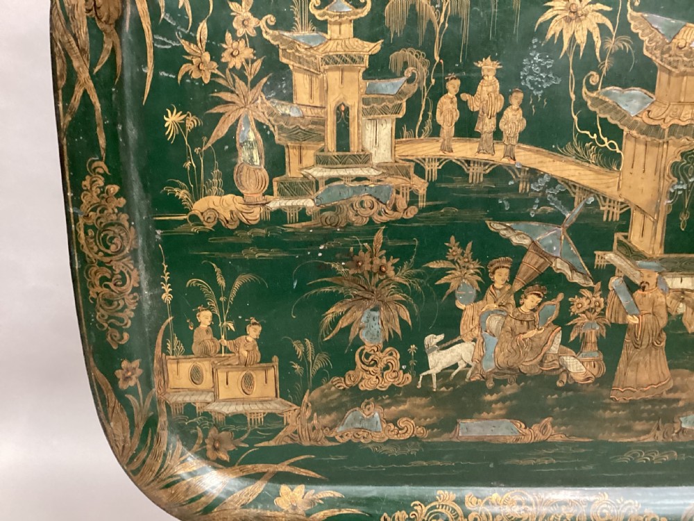Large Regency Chinoiserie tole tray in rare and desirable green lacquer View V
