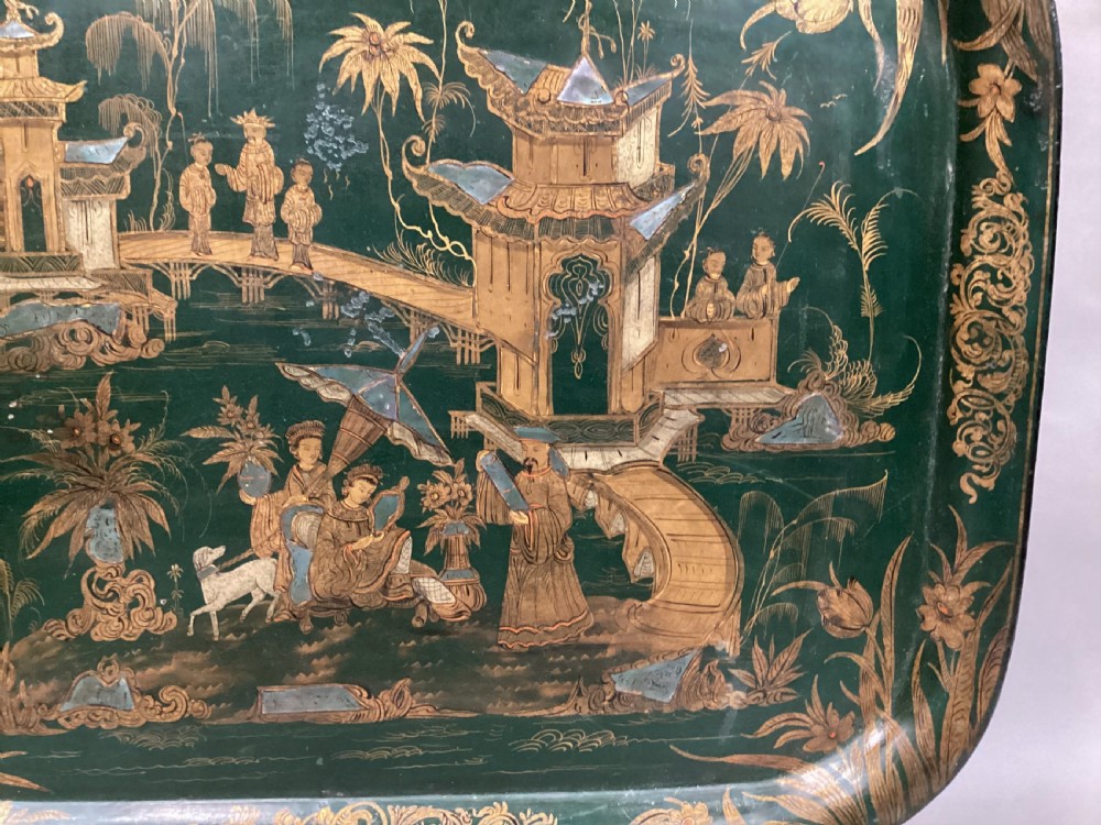 Large Regency Chinoiserie tole tray in rare and desirable green lacquer View VI