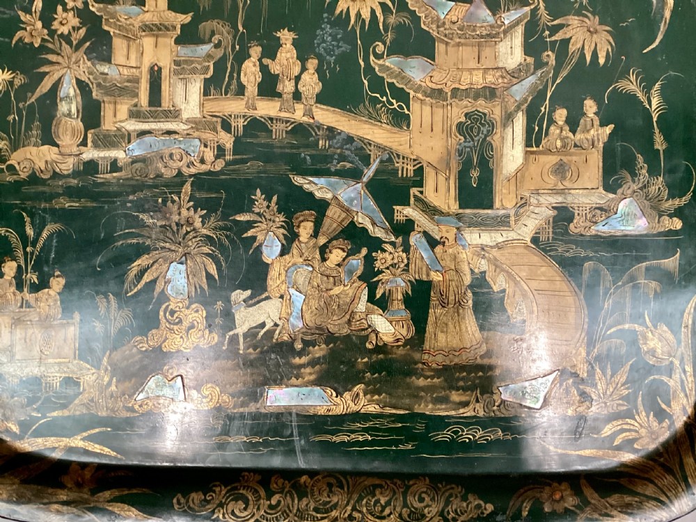 Large Regency Chinoiserie tole tray in rare and desirable green lacquer View VIII