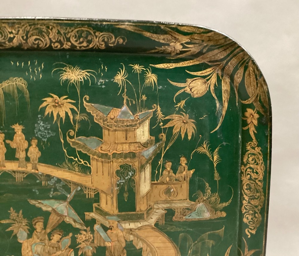 Large Regency Chinoiserie tole tray in rare and desirable green lacquer View IX