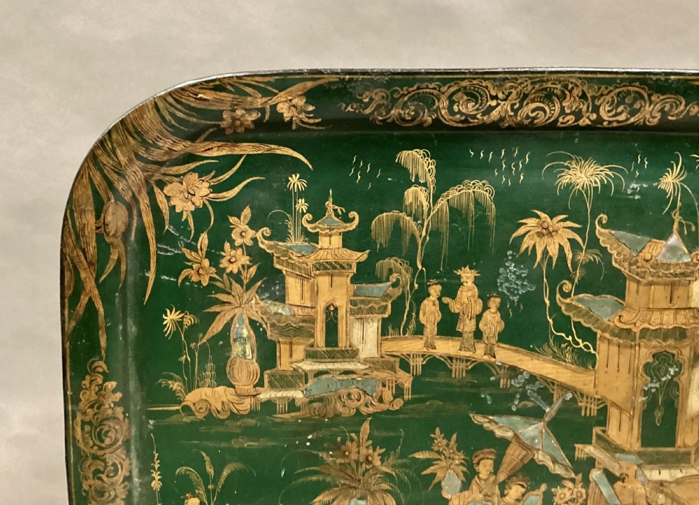 Large Regency Chinoiserie tole tray in rare and desirable green lacquer View X