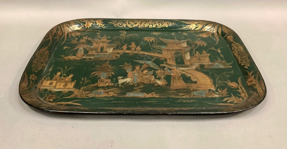 Large Regency Chinoiserie tole tray in rare and desirable green lacquer View XI