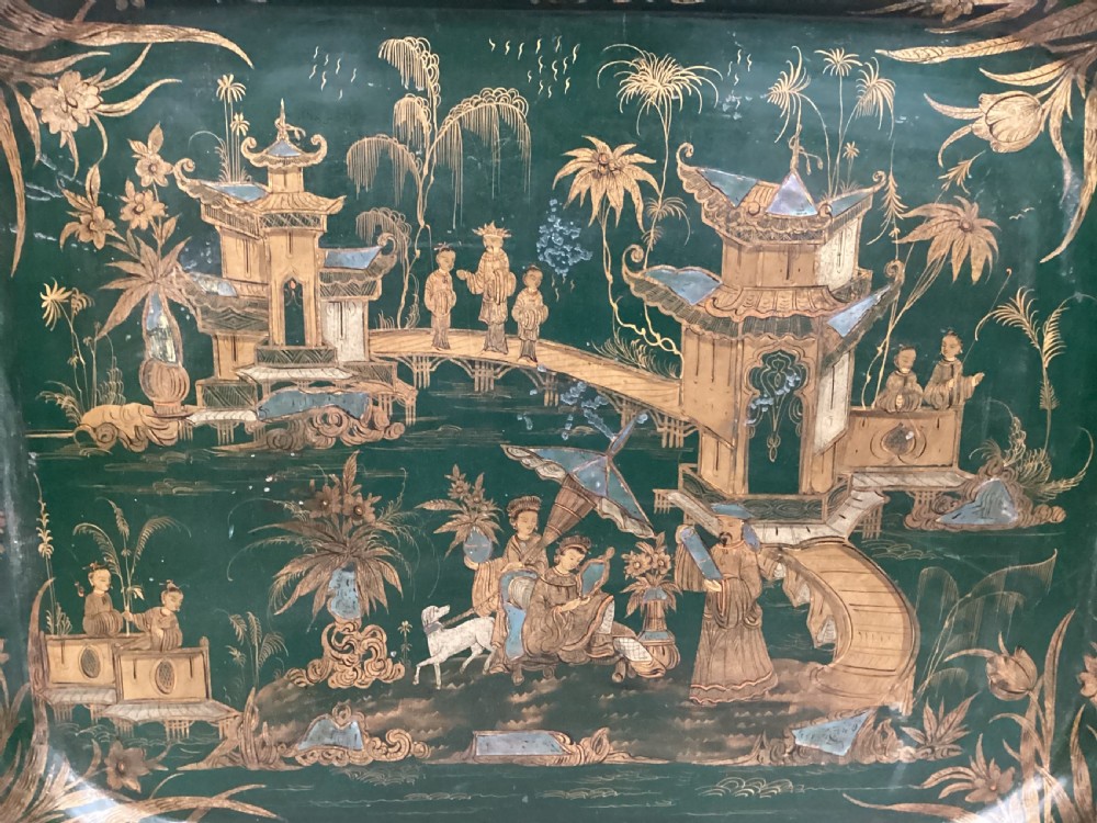 Large Regency Chinoiserie tole tray in rare and desirable green lacquer View XIII
