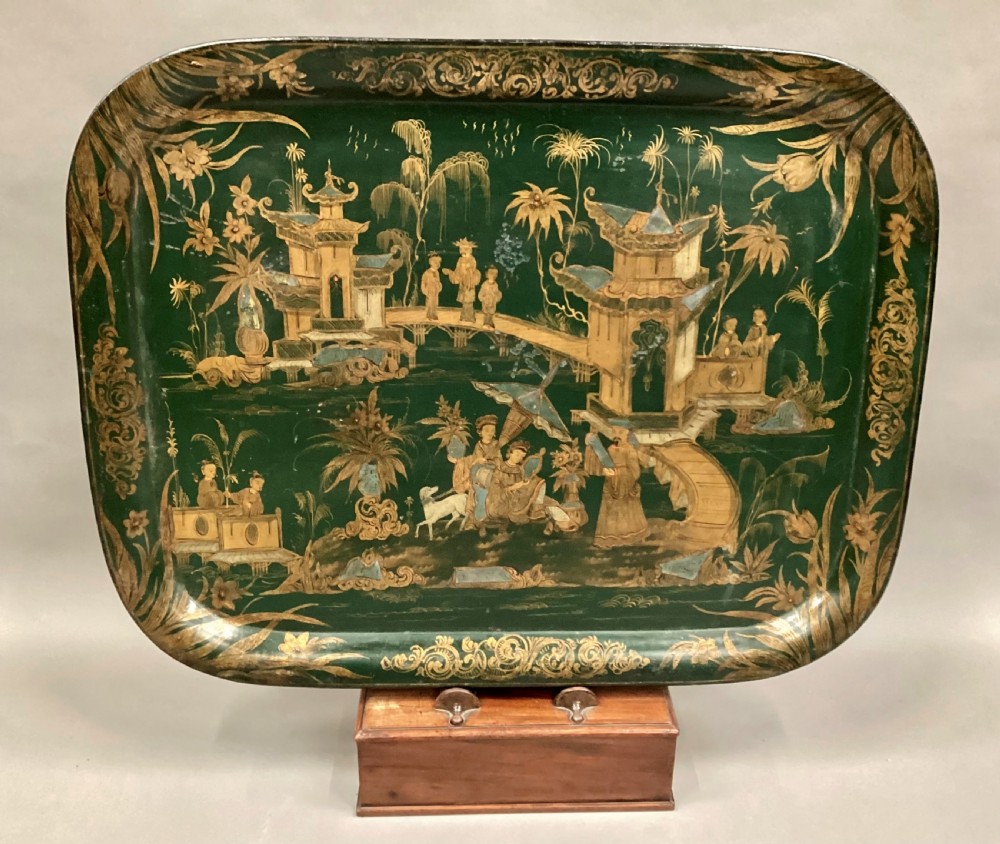 Large Regency Chinoiserie tole tray in rare and desirable green lacquer View XIV