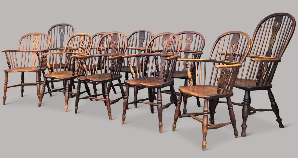 C19th ash and elm set of 10 Windsor armchairs