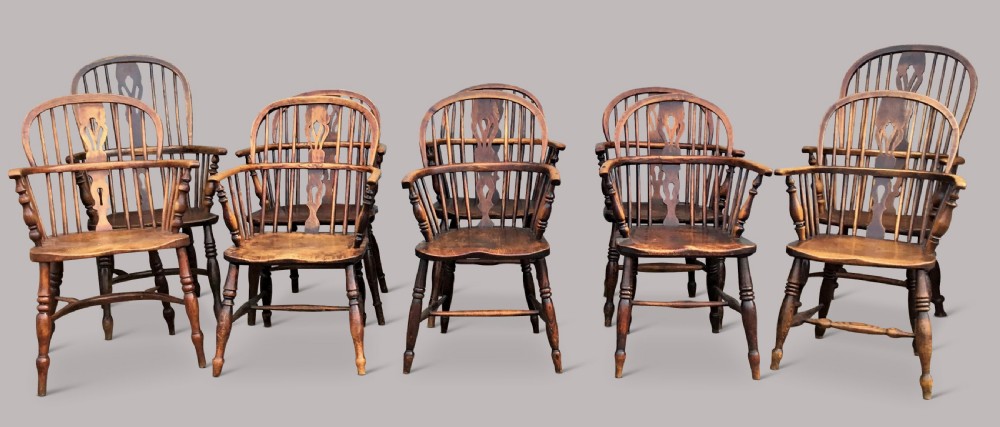 C19th ash and elm set of 10 Windsor armchairs View II