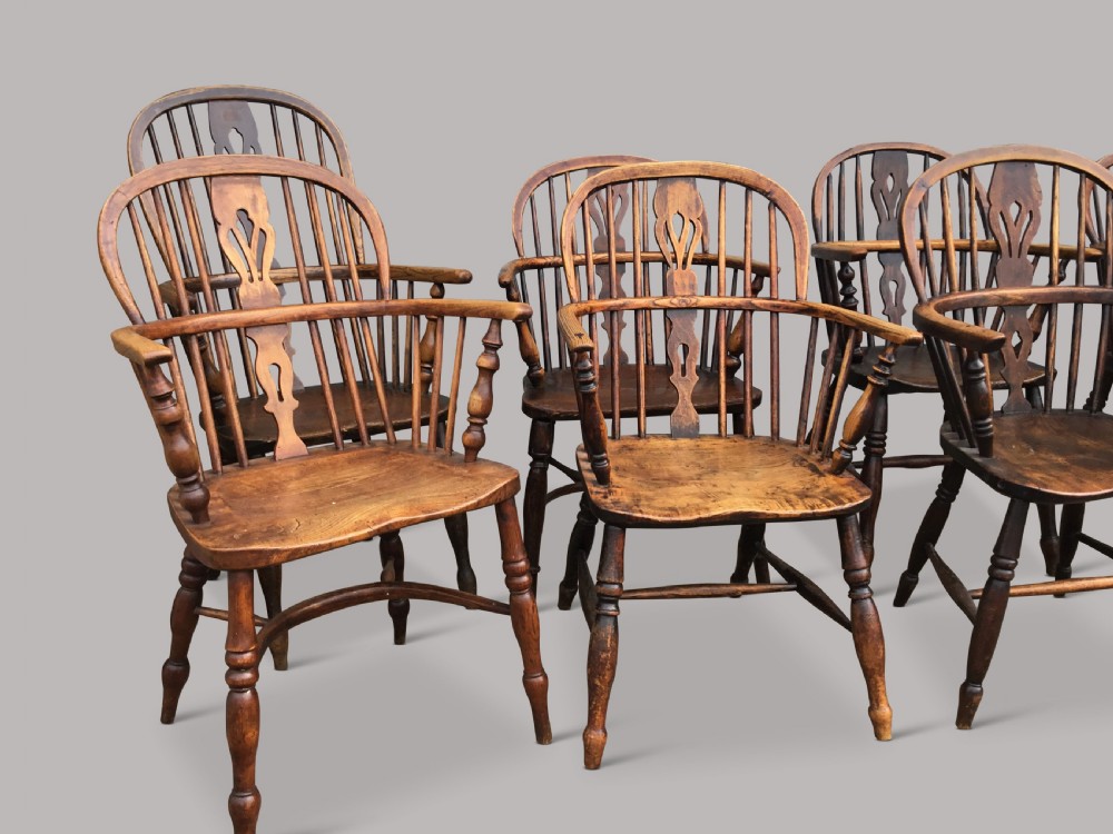 C19th ash and elm set of 10 Windsor armchairs View IV