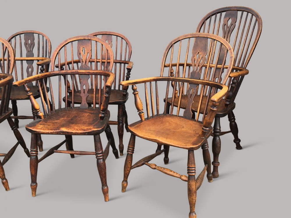 C19th ash and elm set of 10 Windsor armchairs View V