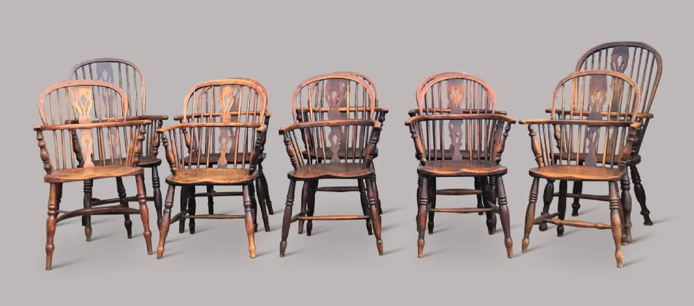 C19th ash and elm set of 10 Windsor armchairs View VI