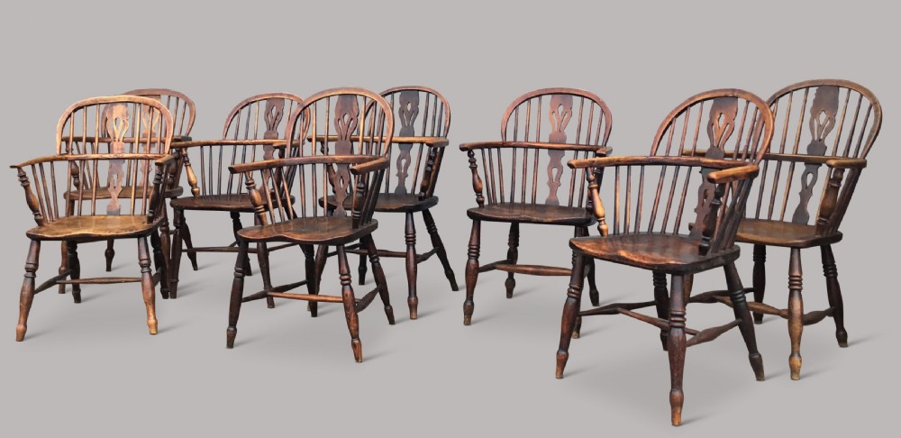 C19th ash and elm set of 10 Windsor armchairs View VII