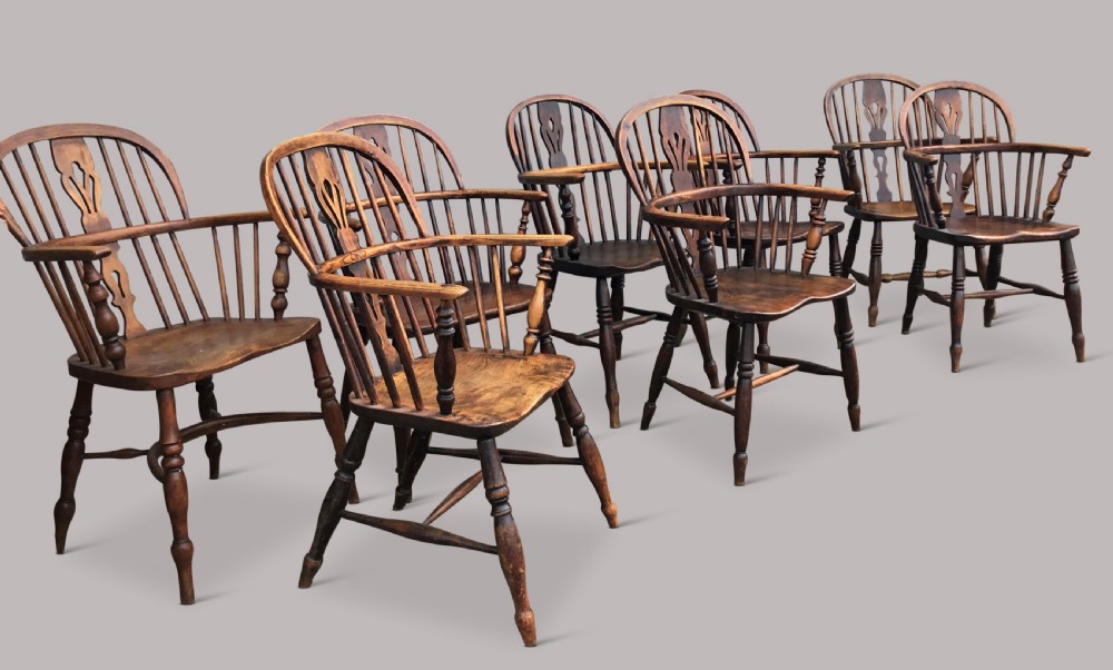 C19th ash and elm set of 10 Windsor armchairs View VIII