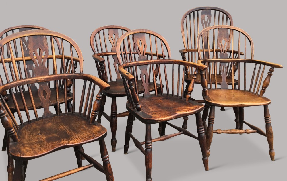 C19th ash and elm set of 10 Windsor armchairs View IX