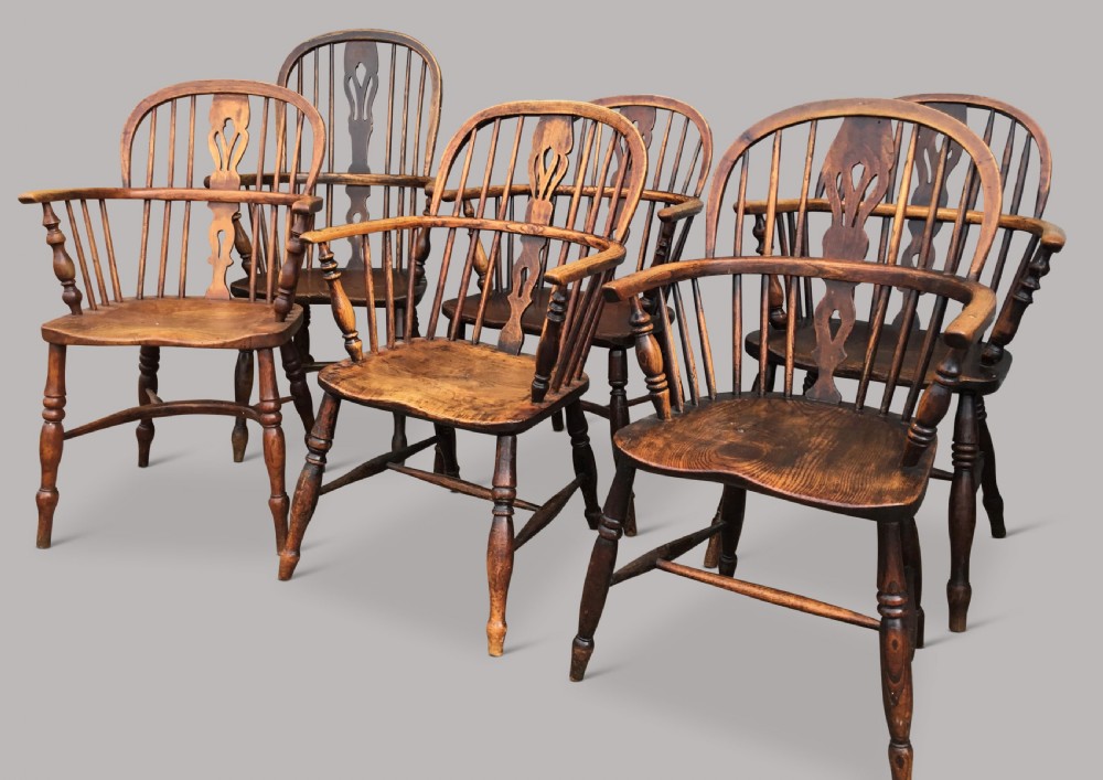 C19th ash and elm set of 10 Windsor armchairs View X