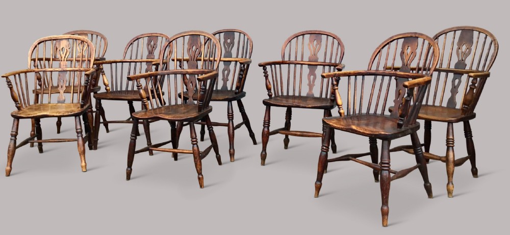 C19th ash and elm set of 10 Windsor armchairs View XII