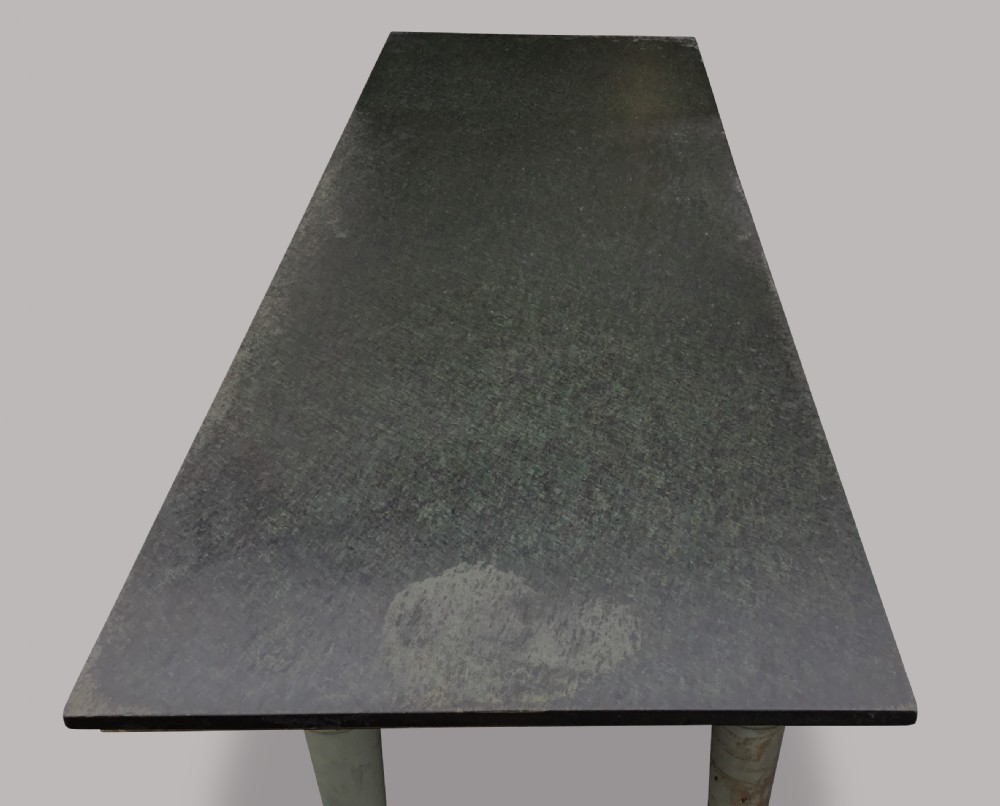 A 19th-century Italian painted side table with a dark top, sage green frame, turned tapering legs, and gilded scalloped apron details. View V