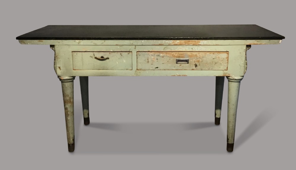 A 19th-century Italian painted side table with a dark top, sage green frame, turned tapering legs, and gilded scalloped apron details. View X