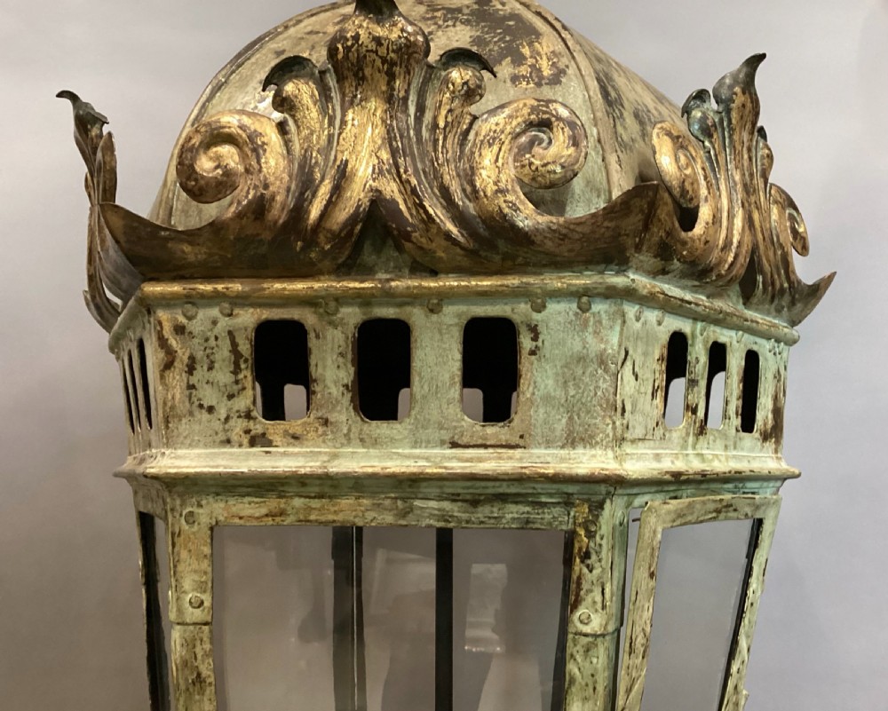C19th large Venetian tole hanging lantern; with original gilt and painted decoration View V