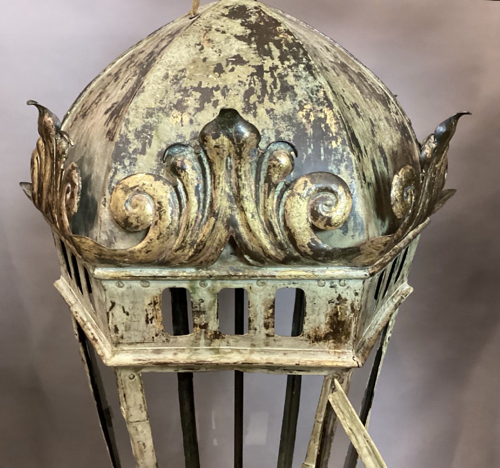 C19th large Venetian tole hanging lantern; with original gilt and painted decoration View VIII