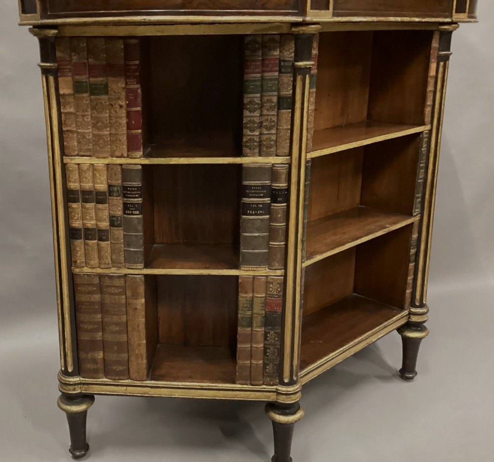 A Regency rosewood breakfront open cabinet featuring a marble top with a brass gallery, central open shelves flanked by faux leather book spines, and fluted gilt columns on tapered legs. View XIII