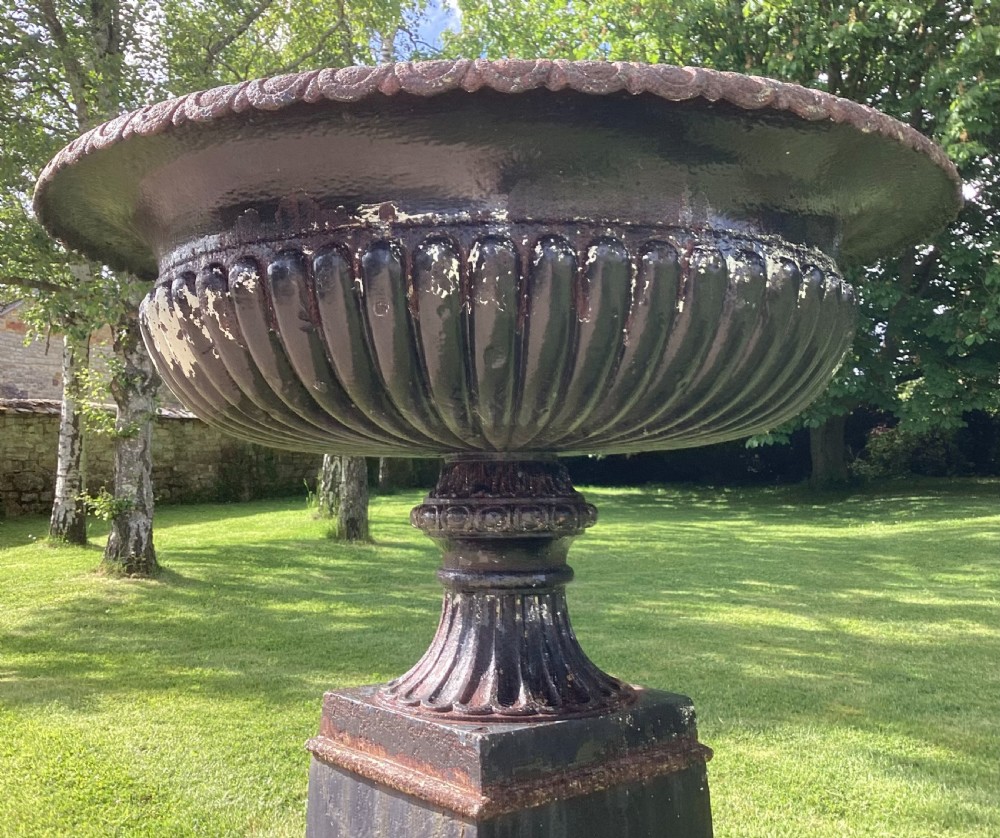 C19th very large cast iron garden urn; of good classical tazza form View III