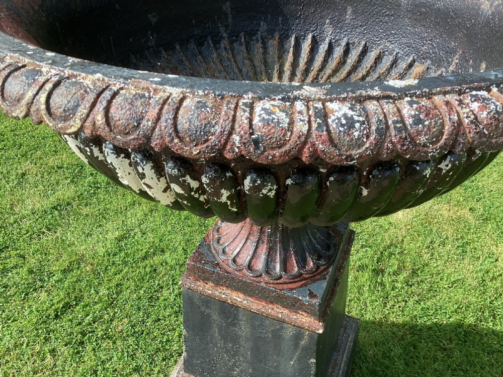 C19th very large cast iron garden urn; of good classical tazza form View X
