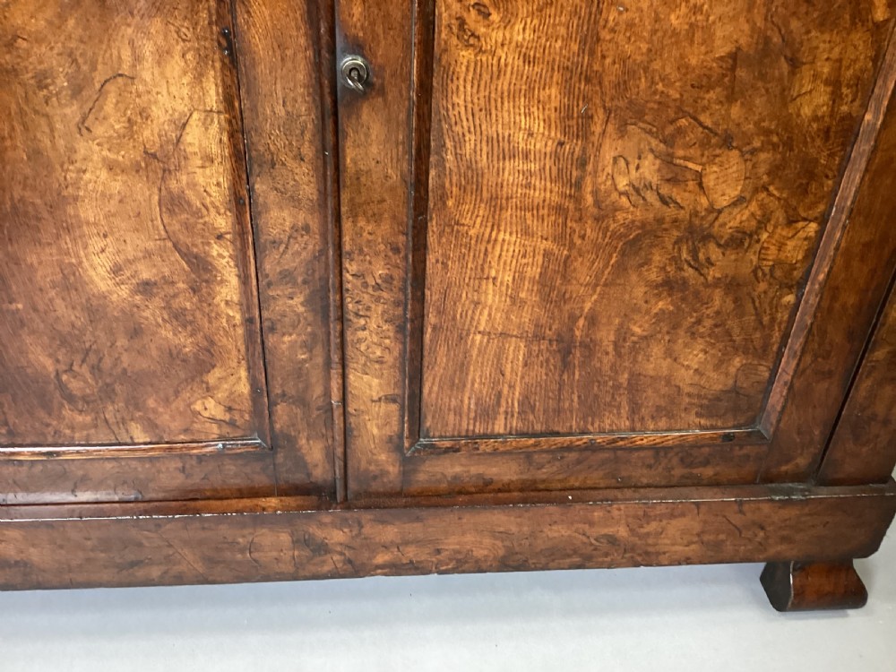 A Regency period side cabinet crafted from figured pollard oak featuring two panelled doors, a carved anthemion upstand, and a plinth base. View XX
