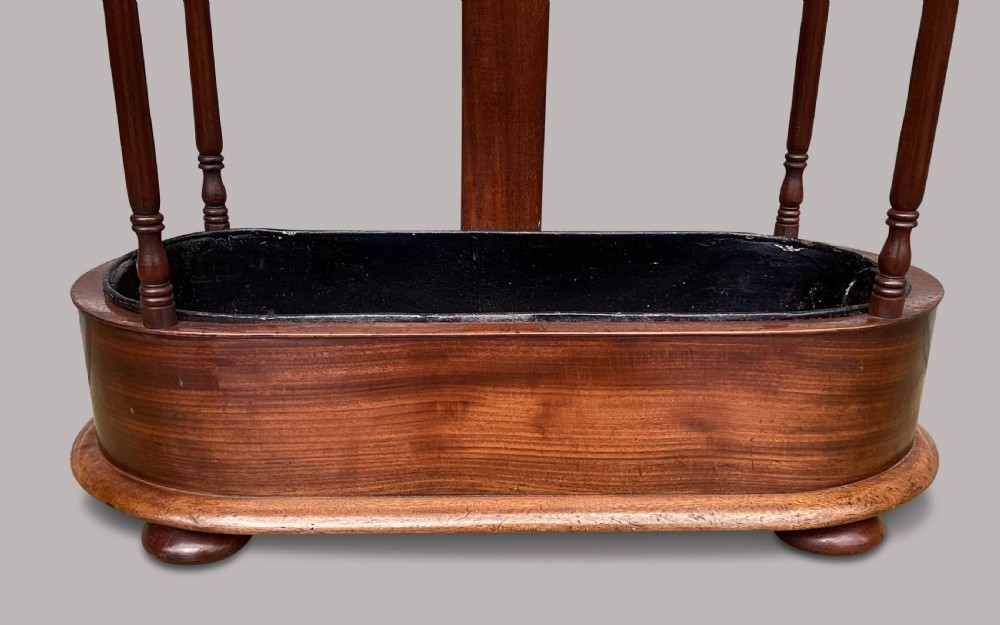 A dark carved mahogany Regency hall stand featuring a serpent-head central column with branch hooks, an oval stick rail, and a drip tray base. View VII