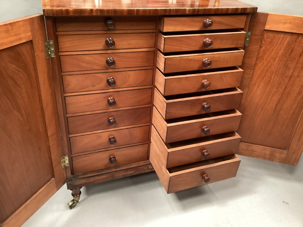 A Regency figured mahogany side cabinet with a top mirror shelf supported by brass spiral columns and topped with a brass gallery. View XI