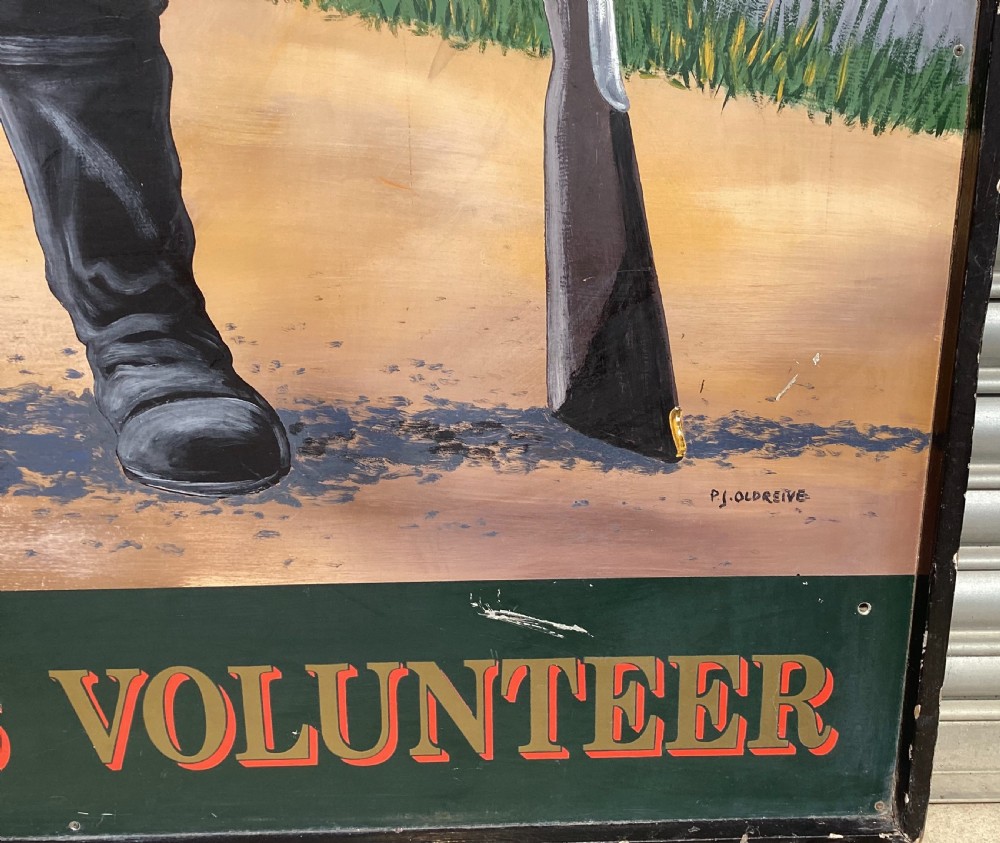 A large rectangular hand-painted panel depicting a soldier in a red tunic and blue trousers drinking from a tankard alongside military gear and text reading 5th Hants Volunteer. View IX