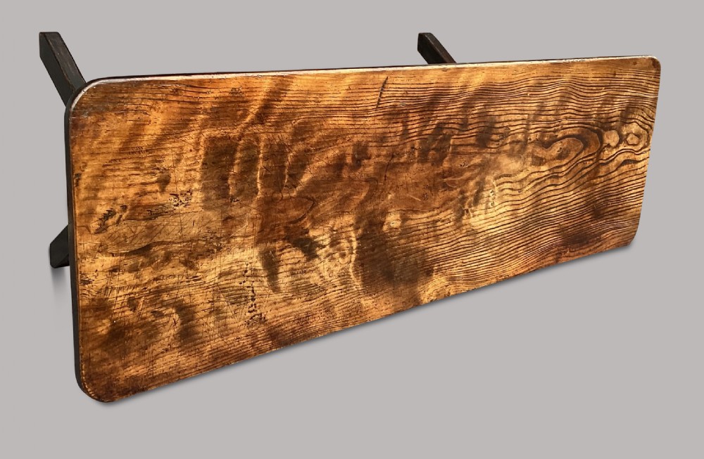 A Georgian elm tavern table featuring a long rectangular polished timber top over a dark X-frame base. View II