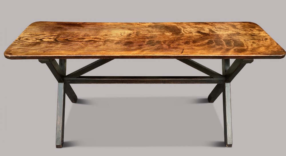 A Georgian elm tavern table featuring a long rectangular polished timber top over a dark X-frame base. View III