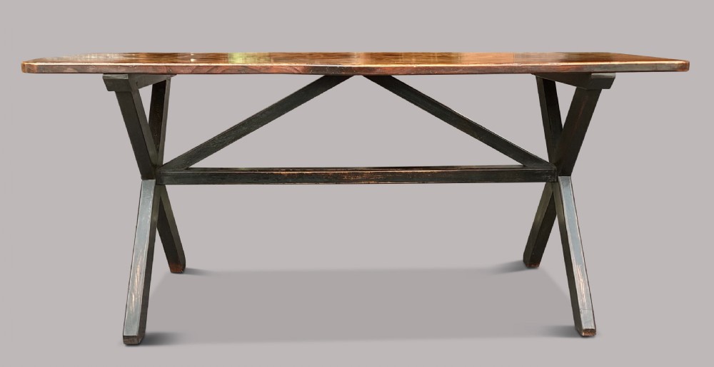 A Georgian elm tavern table featuring a long rectangular polished timber top over a dark X-frame base. View VIII
