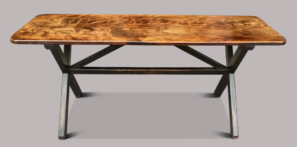 A Georgian elm tavern table featuring a long rectangular polished timber top over a dark X-frame base. View XIII