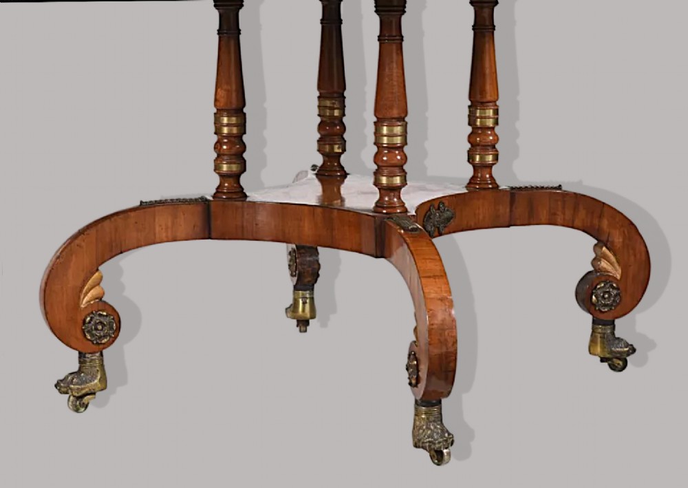 A Regency period rosewood drop-leaf sofa table featuring frieze drawers, turned columns, gilt brass mounts, and splayed legs with brass castors. View III