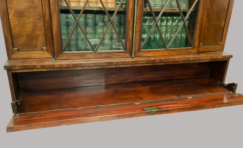 A pair of Regency mahogany library bookcases with diamond astragal glazed upper doors and panelled lower cupboard doors. View XI