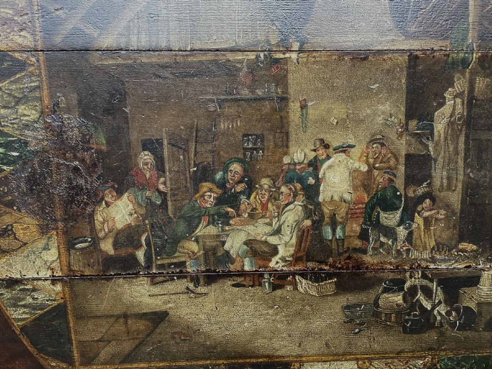 A dark oak Georgian tilt-top tripod table with a circular top featuring a hand-painted tavern scene. View IV
