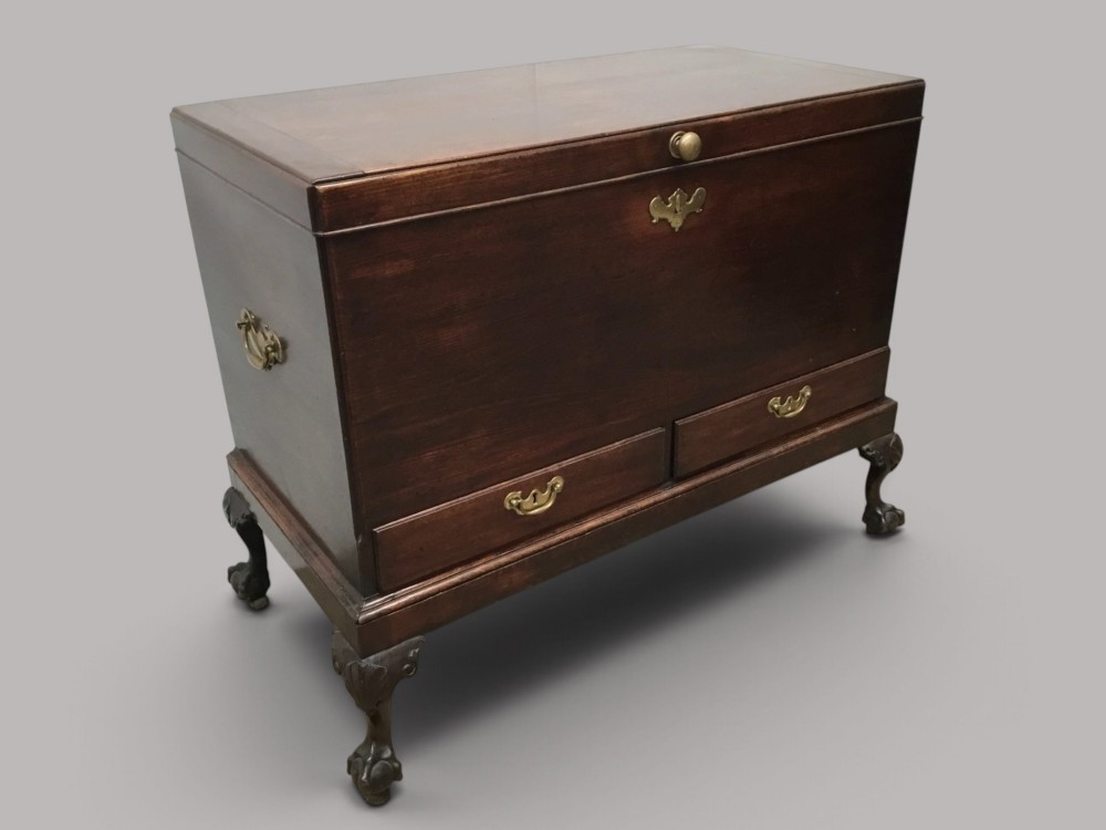 A dark mahogany George II silver chest on stand featuring two lower drawers, brass handles, a central keyhole escutcheon, and carved cabriole legs. View III