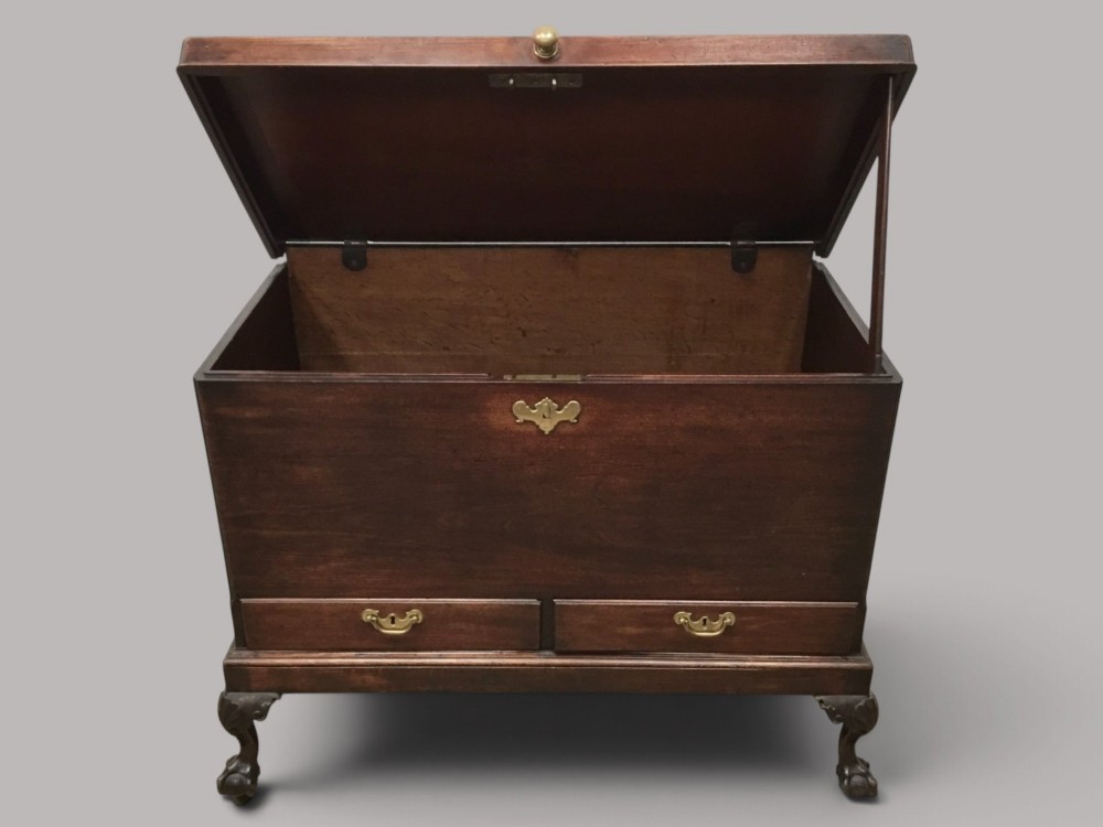 A dark mahogany George II silver chest on stand featuring two lower drawers, brass handles, a central keyhole escutcheon, and carved cabriole legs. View IV