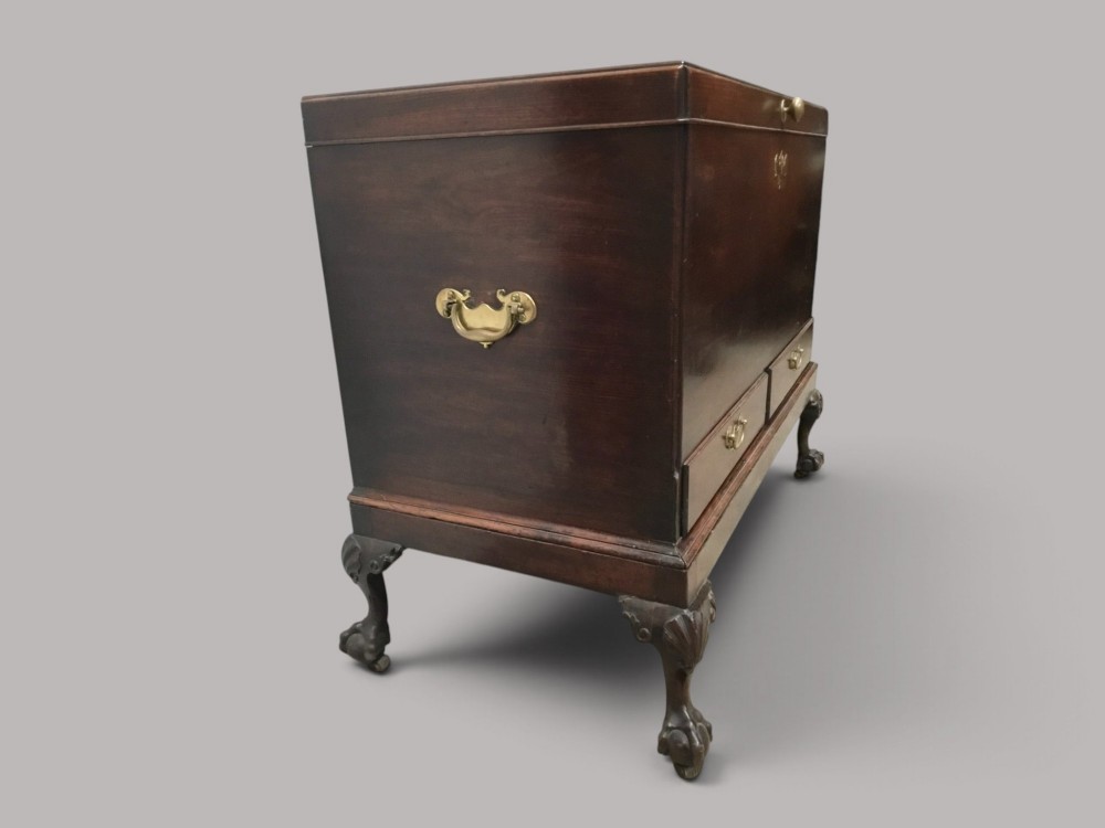 A dark mahogany George II silver chest on stand featuring two lower drawers, brass handles, a central keyhole escutcheon, and carved cabriole legs. View VII