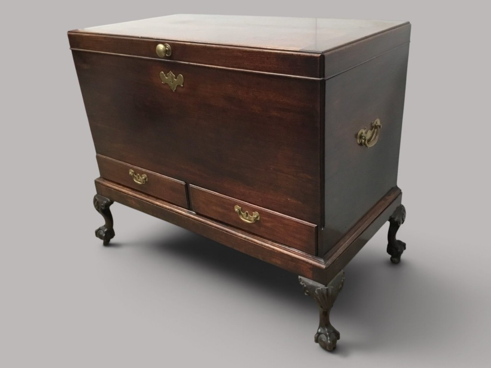 A dark mahogany George II silver chest on stand featuring two lower drawers, brass handles, a central keyhole escutcheon, and carved cabriole legs. View VIII