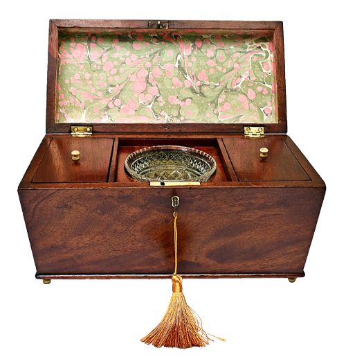 Early Victorian Sarcophagus shaped Tea Caddy with Mixing Bowl & Key