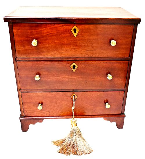 Regency Apprentice made, Miniature Chest of Three Drawers + Key, circa 1825