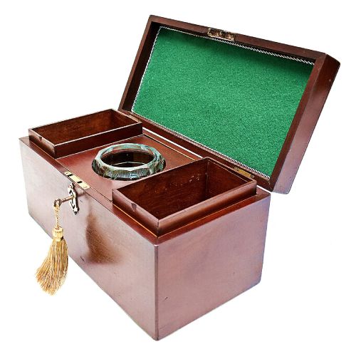 Mid-victorian Tea Caddy of Rectangular Form, Glass Mixing Bowl & Key