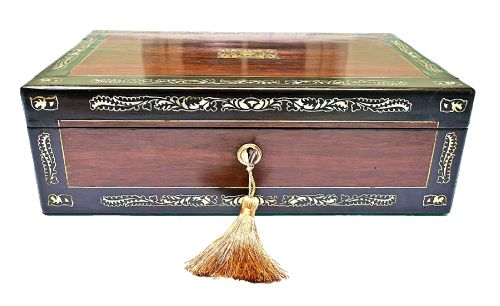 William IV Rosewood Writing Slope with Mother of Pearl Decoration, Inkwells & Key, Circa 1830