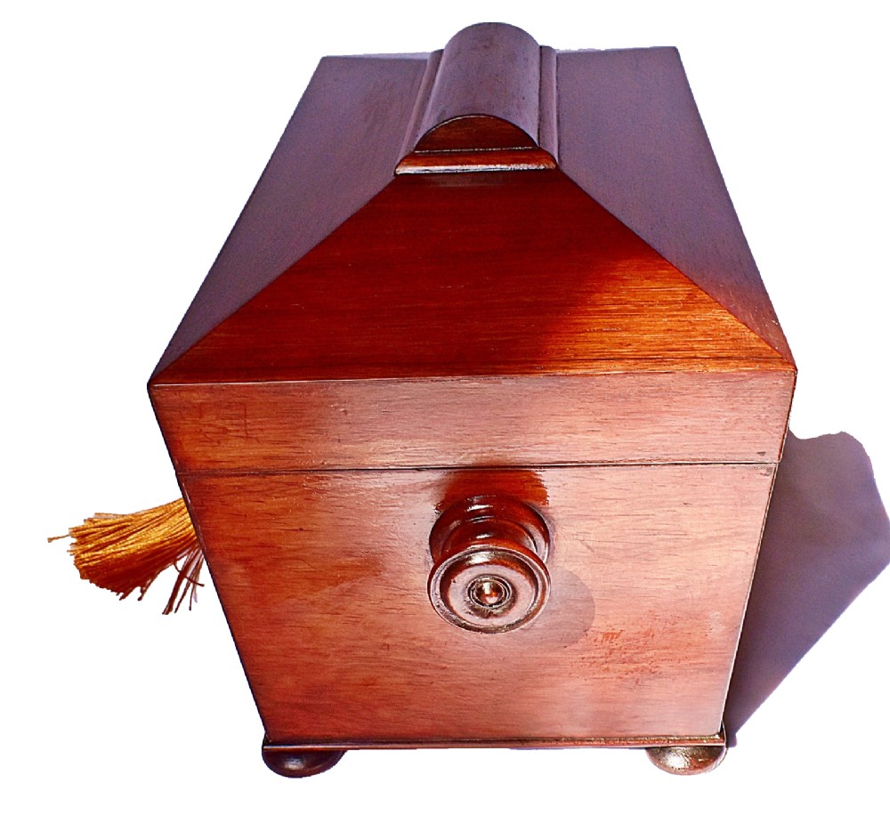 An open William IV sarcophagus-shaped dark wood tea caddy containing two lidded canisters and a central glass mixing bowl. View V
