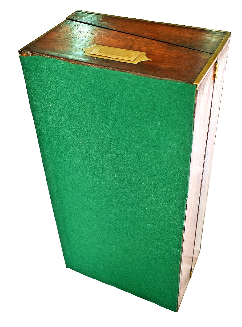 An open antique mahogany writing slope featuring a red gold-tooled leather writing surface, brass corner mounts, and dedicated compartments for inkwells. View XIII