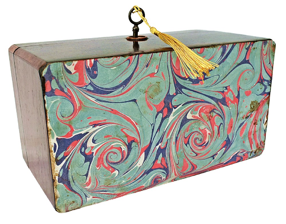 An open dark wood William IV tea caddy featuring two internal lidded compartments, a red embossed paper lining inside the lid, and a brass key with a tassel inserted in the lock. View IX